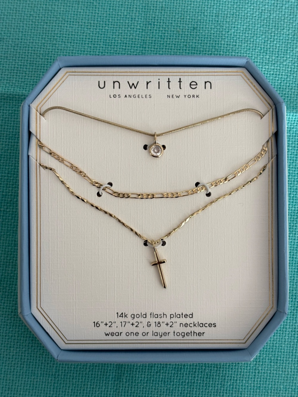 Unwritten Gold Layered Necklace Set with CZ Pendant and Cross